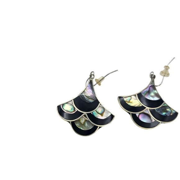 Handmade Alpaca Silver Abalone & Black Onyx Inlay Earrings - Picture 8 of 13